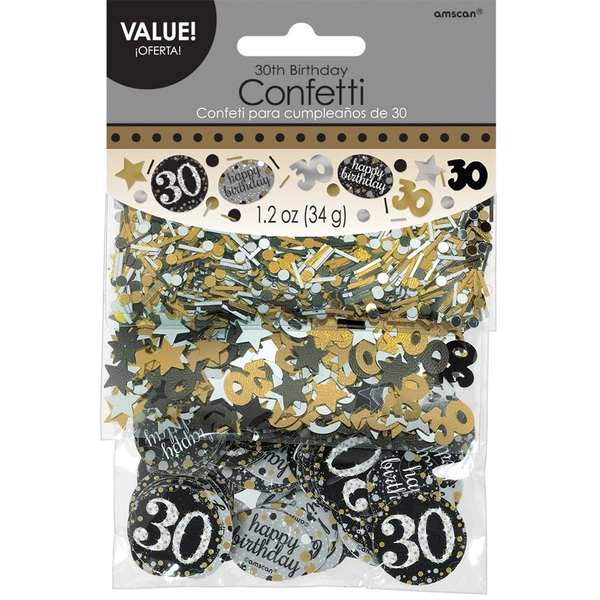 Elegáns arany-fekete-ezüst 30 szülinapi konfetti