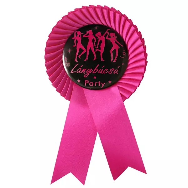 Fekete-rózsaszín pink szalagos lánybúcsú party kitűző