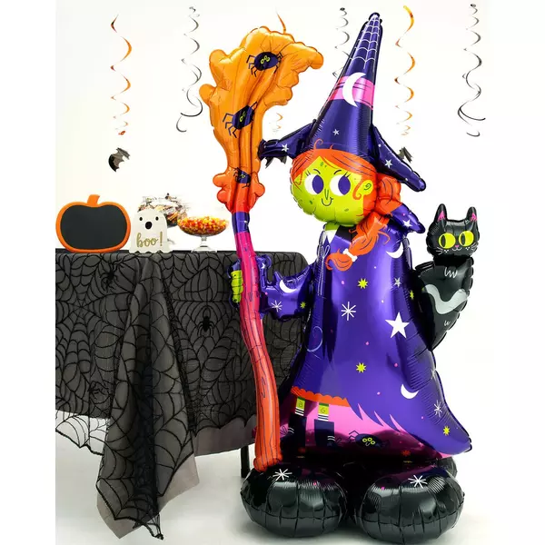 Halloween dekoráció boszorkány macskával levegős fólia lufi figura