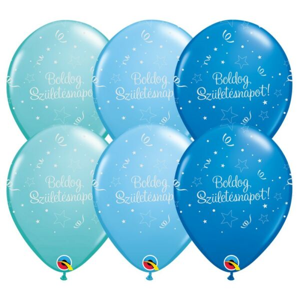 Kék árnyalatos szerpentines boldog születésnapot lufi 6 db